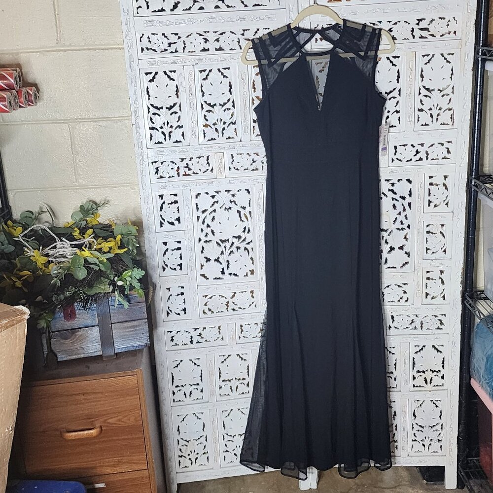 Morgan & Co. Black Illusion Jersey Sleeveless Mermaid Full Length Gown Sz 11/12